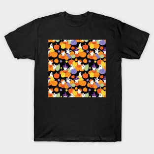 Halloween Pumpkins Cats and Ghosts Colorful Pattern T-Shirt